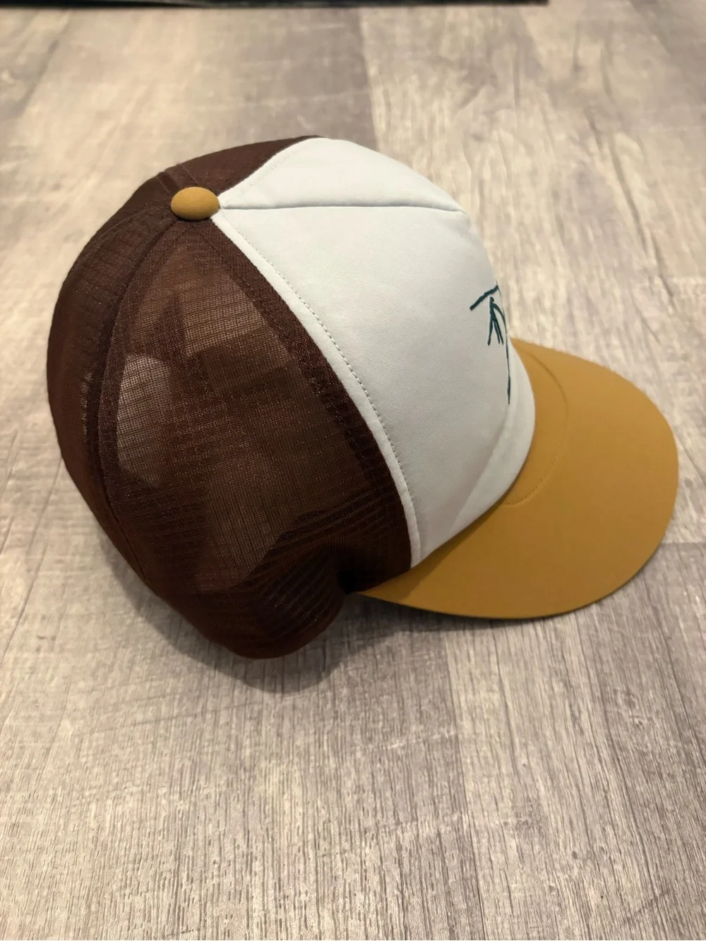 Arc’teryx Bird Trucker Hat Brown Mustard Yellow White Panel Skeleton Embroidery